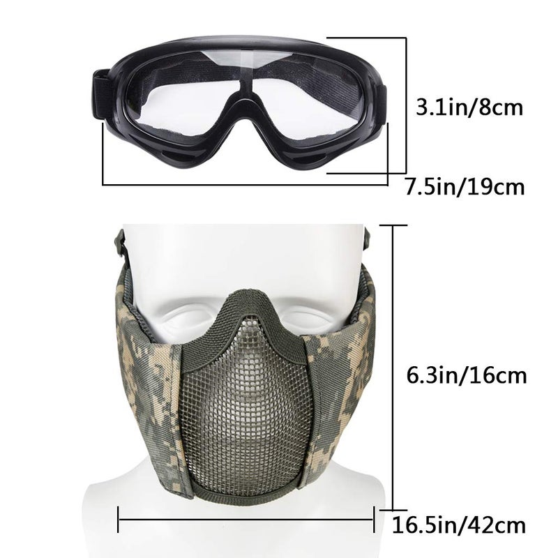 AOUTACC Airsoft Protective Gear Set, Half Face Mesh Mask with Ear Protection and Tactical Goggles for Adult Men Women BBS Paintball Shooting CS Survival Games Cosplay (ACU) - Image 5
